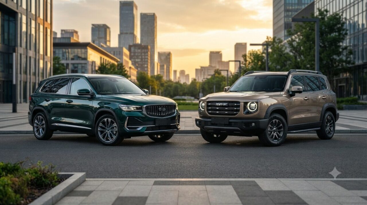 Geely Monjaro and Haval Dargo parked side by side on a modern city boulevard at sunset, comparing two popular Chinese SUVs in terms of reliability, technology, comfort, maintenance costs, and overall ownership experience in 2026