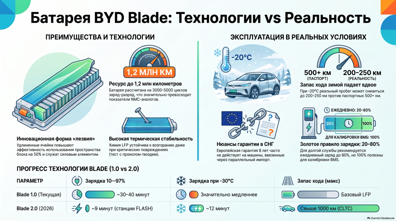 Батарея BYD Blade Battery: ресурс, зима, зарядка и особенности