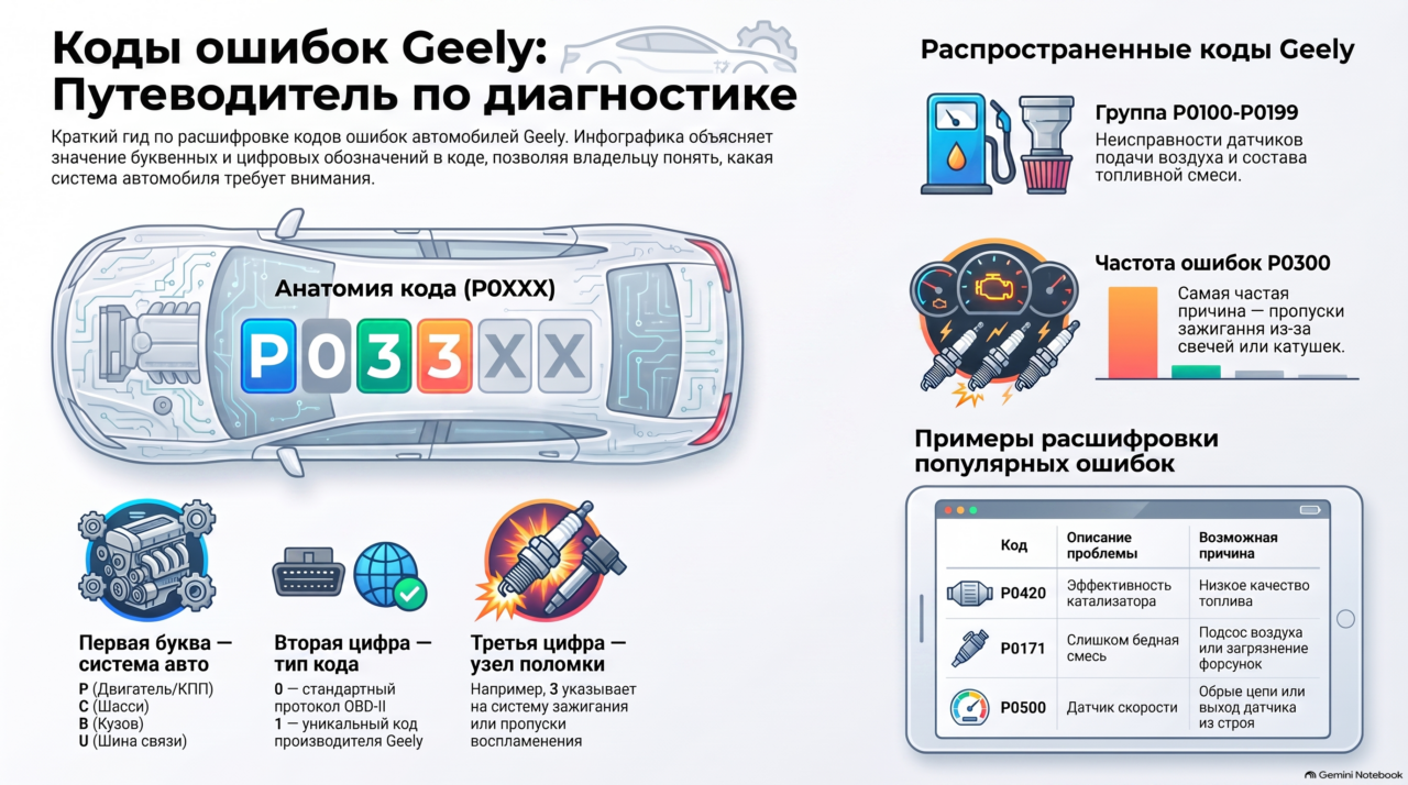 Коды ошибок Geely: список, значения, причины и сброс